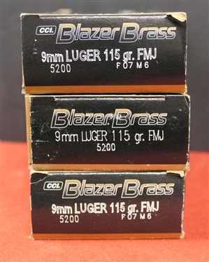 3 Boxes of CCI Blazer Brass 9mm Luger 115 GR. FMJ - 50 Cartridges Per Box - 150 Rounds Total 
