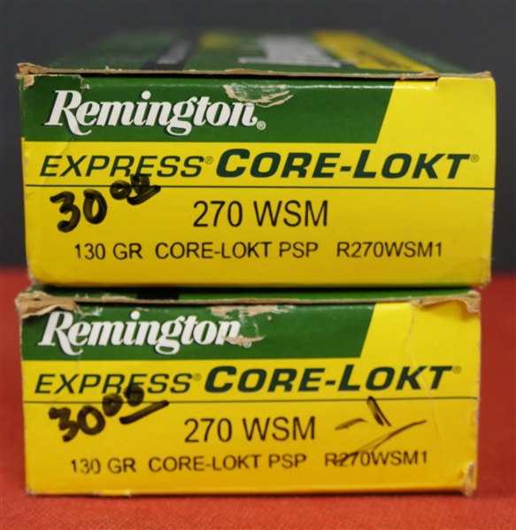 2 Boxes of Remington CORE - LOKT 270 WSM 130 GR. Core - LOKT PSP - 1 Full Box of 20 and 1 Box of 19 - 39 Rounds Total 