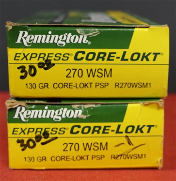 2 Boxes of Remington CORE - LOKT 270 WSM 130 GR. Core - LOKT PSP - 1 Full Box of 20 and 1 Box of 19 - 39 Rounds Total 