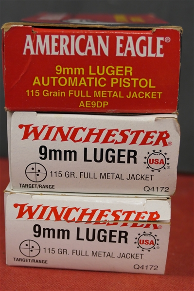 3 Boxes of 50 9mm Luger Cartridges - American Eagle 9mm Luger Automatic Pistol 115 Grain Full Metal Jacket, and 2 Winchester 9mm Luger 115 Grain Full Metal Jacket - 150 Rounds Total 
