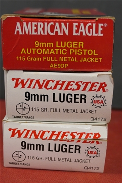 3 Boxes of 50 9mm Luger Cartridges - American Eagle 9mm Luger Automatic Pistol 115 Grain Full Metal Jacket, and 2 Winchester 9mm Luger 115 Grain Full Metal Jacket - 150 Rounds Total 