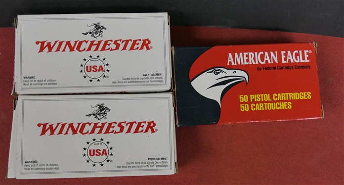 3 Boxes of 50 9mm Luger Cartridges - American Eagle 9mm Luger Automatic Pistol 115 Grain Full Metal Jacket, and 2 Winchester 9mm Luger 115 Grain Full Metal Jacket - 150 Rounds Total 