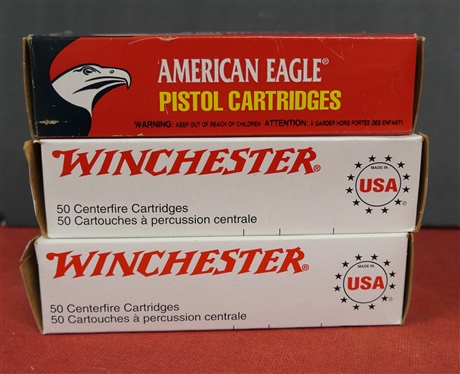 3 Boxes of 50 9mm Luger Cartridges - American Eagle 9mm Luger Automatic Pistol 115 Grain Full Metal Jacket, and 2 Winchester 9mm Luger 115 Grain Full Metal Jacket - 150 Rounds Total 