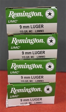4 Boxes of 50 Remington UMC 9mm Luger 115 GR. MC - 200 Rounds Total 