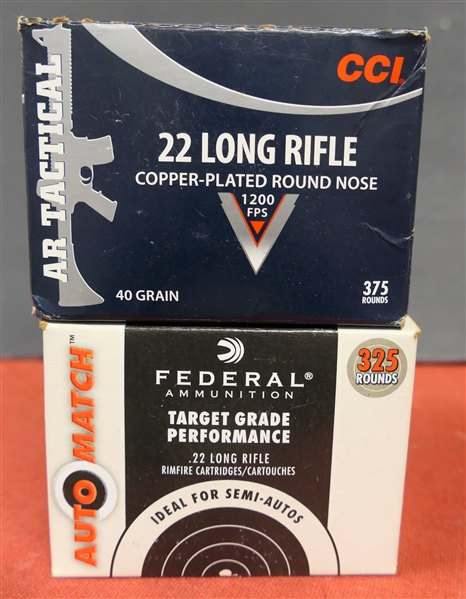 2 Boxes of 22 Long Rifle - CCI AR Tactical - 22 Long Rifle Copper Plated Round Nose - 40 Grain - 375 Rounds and Federal Ammunition Target Grade Performance .22 Long Rifle  - 325 Rounds 