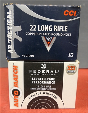 2 Boxes of 22 Long Rifle - CCI AR Tactical - 22 Long Rifle Copper Plated Round Nose - 40 Grain - 375 Rounds and Federal Ammunition Target Grade Performance .22 Long Rifle  - 325 Rounds 