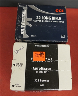 2 Boxes of 22 Long Rifle - CCI AR Tactical - 22 Long Rifle Copper Plated Round Nose - 40 Grain - 375 Rounds and Federal Ammunition Target Grade Performance .22 Long Rifle  - 325 Rounds 