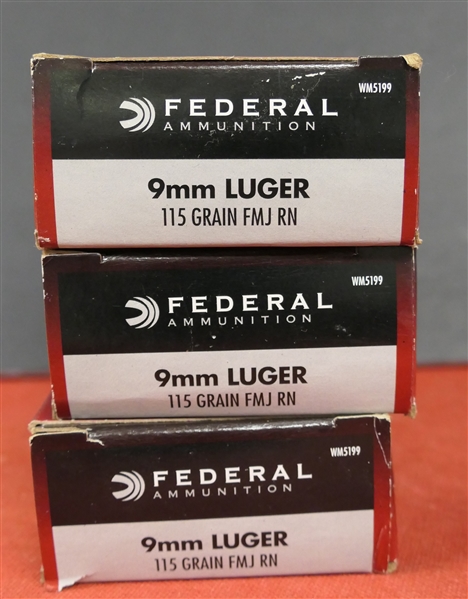 3 Boxes of Federal 9mm Luger Ammunition - 9mm Luger 115 Grain FMJ RN - 150 Rounds Total 