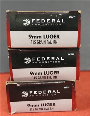 3 Boxes of Federal 9mm Luger Ammunition - 9mm Luger 115 Grain FMJ RN - 150 Rounds Total 