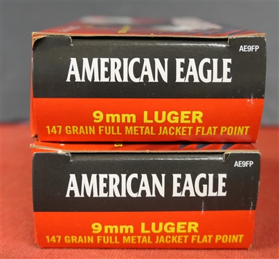 2 Boxes of American Eagle 9mm Luger - 147 Grain Full Metal Jacket Flat Point - 100 Rounds 
