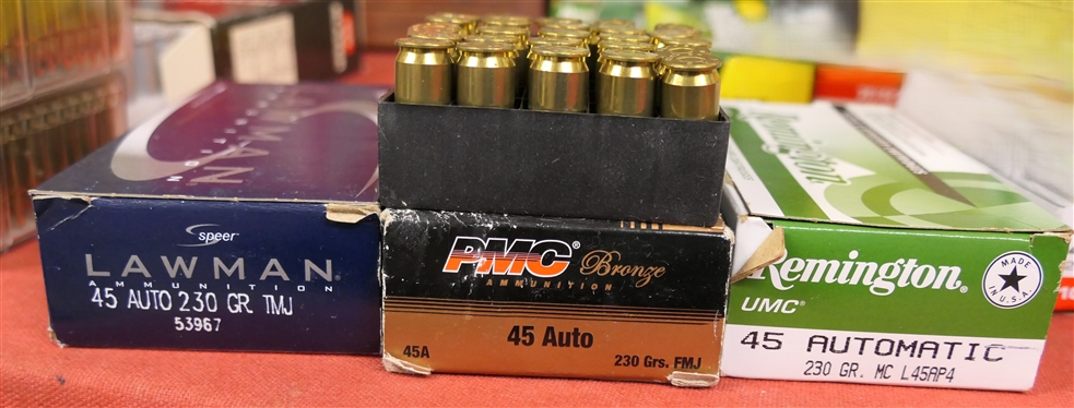 3 Boxes of 45 Automatic Ammunition  - Full Box Remington UMC 45 Automatic 230 Gr., Full Box of Speer Lawman 45 Auto 230 Gr. TMJ, and Half Box PMC Bronze 45 Auto - 230 Gr FMJ - 125 Rounds Total 