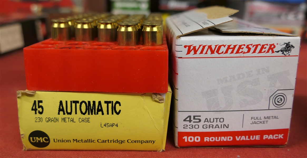 2 Boxes of 45 Automatic Ammunition - UMC 45 Auto. 230 Grain Metal Case and Winchester 45 Auto 230 Grain - 150 Rounds Total 
