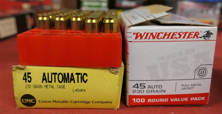 2 Boxes of 45 Automatic Ammunition - UMC 45 Auto. 230 Grain Metal Case and Winchester 45 Auto 230 Grain - 150 Rounds Total 