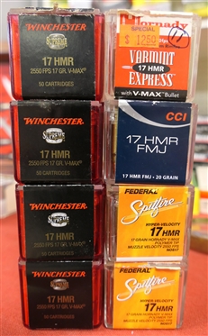 8 Boxes of 17 HMR Cartridges - 3 Full Boxes of 50 and 1 Box of 45 Winchester Supreme 17 HMR 2550 FPS 17GR V-MAX, 2 Full Boxes of 50 Federal Spitfire Hyper Velocity 17 HMR 17 Grain Hornady V Max...
