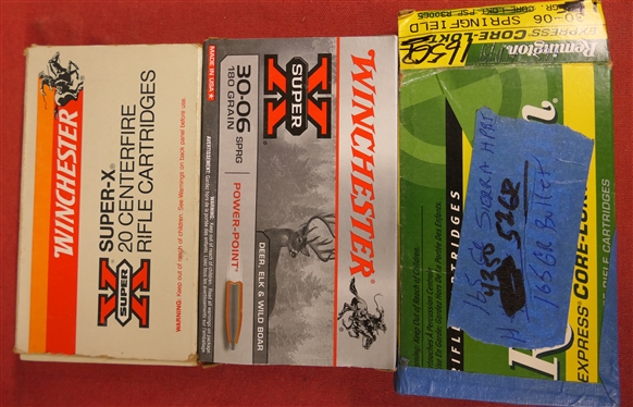 3 Boxes of 30-06 Sprig. Cartridges -2  Full Boxes Winchester 30-06 Springfield 180 GR. PowerPoint and Half Box Remington 165 Grain 