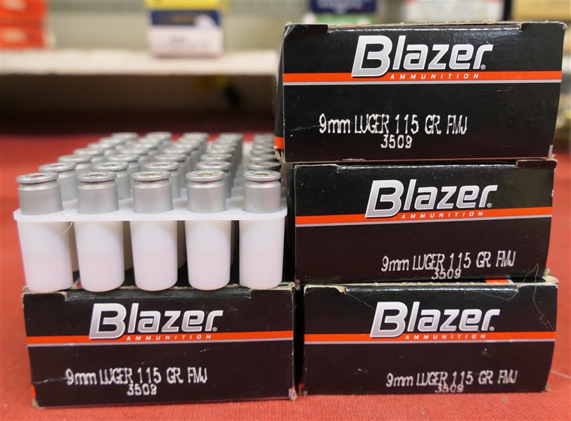 4 Boxes of Blazer Ammunition 9mm Luger 115 Gr. FMJ - 3 Full Boxes of 50 and 1 Box of 35 - 185 Rounds Total 