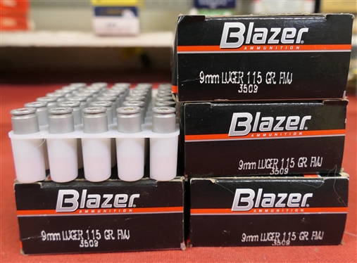 4 Boxes of Blazer Ammunition 9mm Luger 115 Gr. FMJ - 3 Full Boxes of 50 and 1 Box of 35 - 185 Rounds Total 