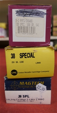 3 Partial Boxes of .38 Special - 3-D 38 Special 158 Gr. SWC - Mostly Full, UMC 38 Special 158 Gr. Lead - 44 Rounds, and MAGTECH 38 SPL 158 Gr. LRN - 35 Rounds