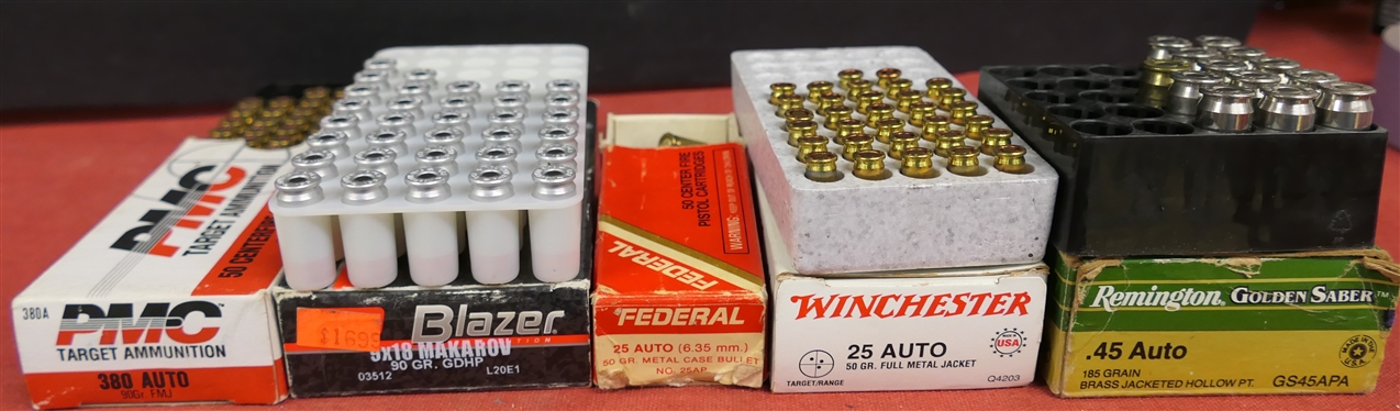 5 Partial Boxes of Ammunition - See Photos for Quantity - Federal 25 Auto, Remington .45 Auto, PMC 380 Auto, Winchester 25 Auto, and Blazer 9x18 Makarov
