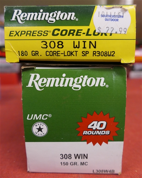 2 Boxes of 308 WIN Ammunition - Full Box of 40 - Remington UMC 308 WIN 150GR.  and 11 Remington Express Core - Lokt 180Grain 