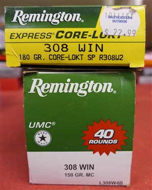 2 Boxes of 308 WIN Ammunition - Full Box of 40 - Remington UMC 308 WIN 150GR.  and 11 Remington Express Core - Lokt 180Grain 