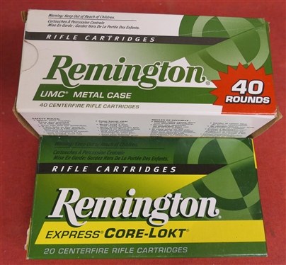 2 Boxes of 308 WIN Ammunition - Full Box of 40 - Remington UMC 308 WIN 150GR.  and 11 Remington Express Core - Lokt 180Grain 