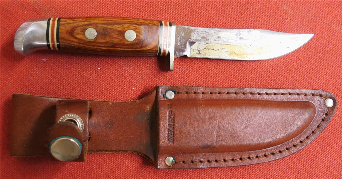 SHARP Wood Handled Fixed Blade Sheath Knife - with Leather Sheath -Knife Made in Japan - 7 1/2" Long