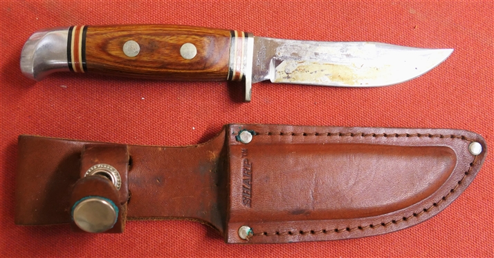 SHARP Wood Handled Fixed Blade Sheath Knife - with Leather Sheath -Knife Made in Japan - 7 1/2 Long