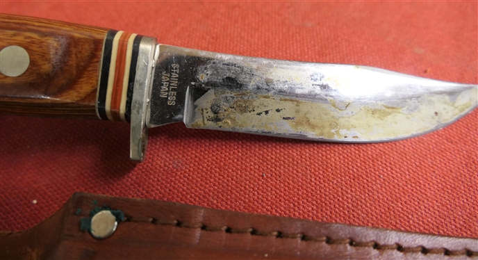 SHARP Wood Handled Fixed Blade Sheath Knife - with Leather Sheath -Knife Made in Japan - 7 1/2 Long