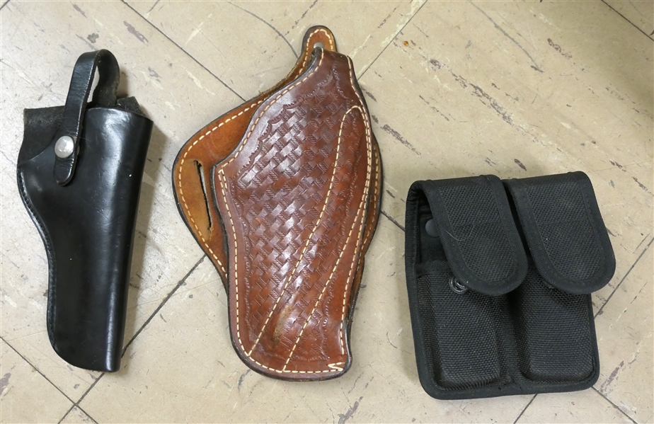 Black Leather Pistol Holster, Buckeimer - Clark CO. 23 ILW-34 - Brown Leather Holster - Basketweave Pattern, and Bianchi International - Magazine Holster 