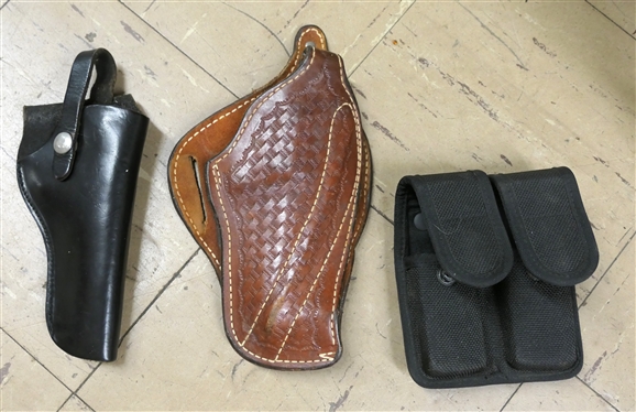 Black Leather Pistol Holster, Buckeimer - Clark CO. 23 ILW-34 - Brown Leather Holster - Basketweave Pattern, and Bianchi International - Magazine Holster 