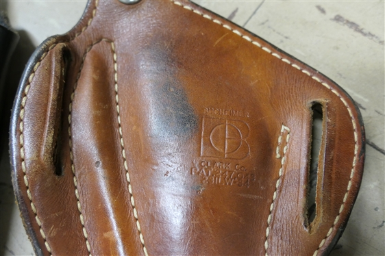Black Leather Pistol Holster, Buckeimer - Clark CO. 23 ILW-34 - Brown Leather Holster - Basketweave Pattern, and Bianchi International - Magazine Holster 