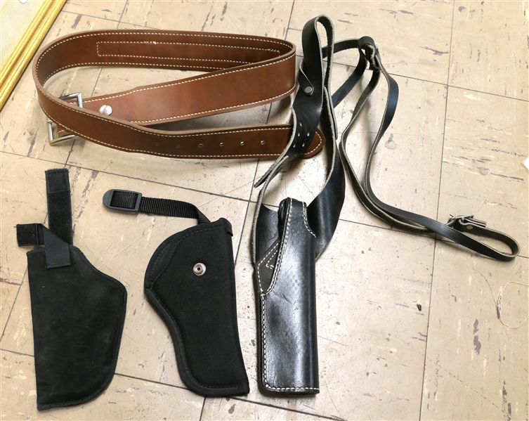 Black Leather Sholder Holster, Neoprene Pistol Holster, Uncle Mikes Sidekick Holster - Size 2, and Brown Leather Ammo Belt - Size Medium with .22 Bullets