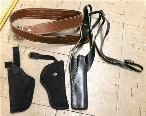 Black Leather Sholder Holster, Neoprene Pistol Holster, Uncle Mike''s Sidekick Holster - Size 2, and Brown Leather Ammo Belt - Size Medium with .22 Bullets