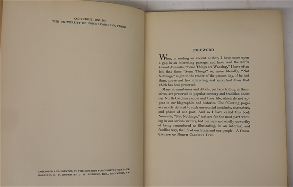 Nonnulla - Memories, Stories, Traditions, More or Less Authentic by Joseph Blount Cheshire Chapel Hill - The University of North Carolina Press - 1930 - Hardcover Book with Gold Lettering 