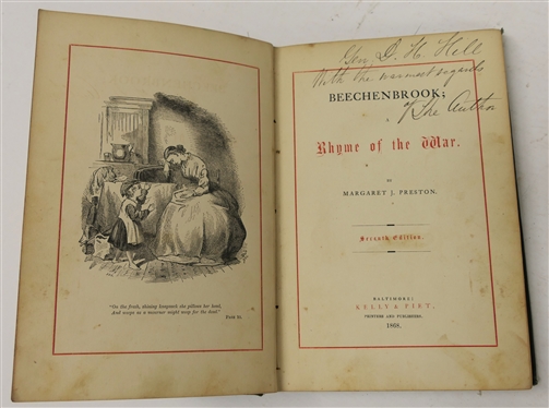 Beechenbrook; A Rhyme of The War by Margaret J. Preston - Seventh Edition - 1858 - Inscribed by the Author Gen. D.H. Hill with Warmest Regards - The Author - Printed Baltimore - Kelly & Piet -...