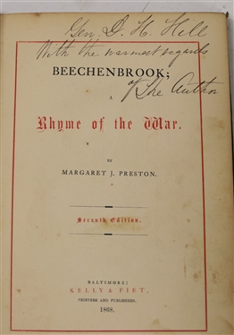 Beechenbrook; A Rhyme of The War by Margaret J. Preston - Seventh Edition - 1858 - Inscribed by the Author Gen. D.H. Hill with Warmest Regards - The Author - Printed Baltimore - Kelly & Piet -...