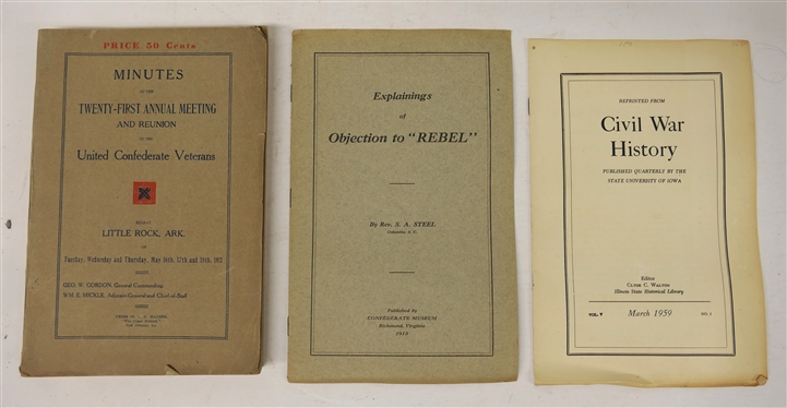 Paperback Book and 2 Booklets - Minutes of the Twenty First Annual Meeting and Reunion of the United Confederate Veterans 1911, Civil War History March 1959 - Reprint, and Explaining''s of...