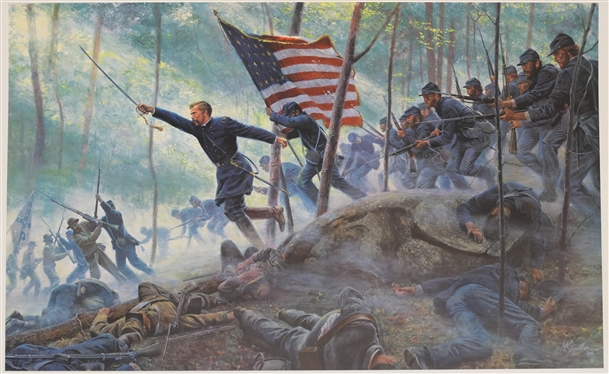 Chamberlain''s Charge Little Round Top, July 2, 1863 by Mort Kunstler Limited Edition Artist Signed and Numbered Offset Lithograph 370 / 1500 - With COA - Print Measures 23 1/2 by 33 1/2