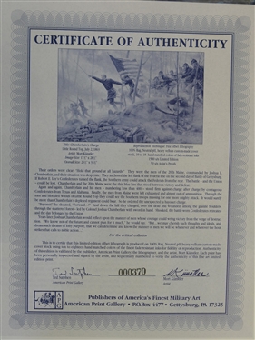 Chamberlain''s Charge Little Round Top, July 2, 1863 by Mort Kunstler Limited Edition Artist Signed and Numbered Offset Lithograph 370 / 1500 - With COA - Print Measures 23 1/2 by 33 1/2