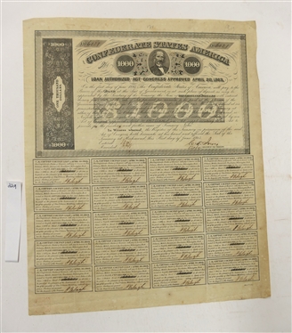 Confederate States of America Loan Authorized Act. Congress Approved April 30, 1863 $1000 Bond - No. 6021 - Uncut - C.S. Cotton Coupon Loan Interest Coupons -Granting $60 Per Year Interest