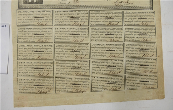 Confederate States of America Loan Authorized Act. Congress Approved April 30, 1863 $1000 Bond - No. 6021 - Uncut - C.S. Cotton Coupon Loan Interest Coupons -Granting $60 Per Year Interest