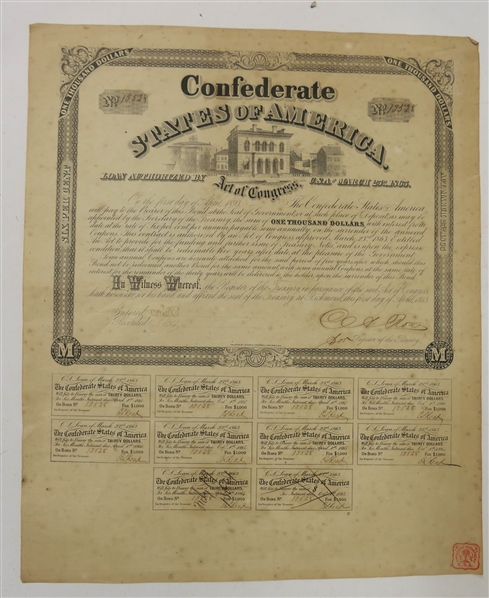 "Confederate States of America Loan Authorized by Act of Congress C.S.A. March 25th 1863" $1000 Bond - No. 18528 - Signed and Sealed - Uncut - 10 Interest Coupons on Bottom 2 of Which are Crossed...