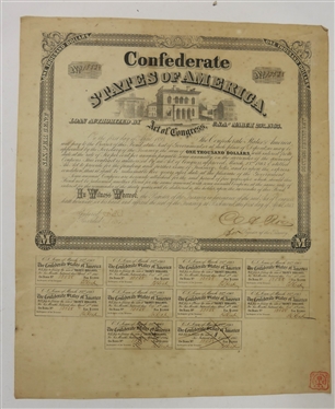 Confederate States of America Loan Authorized by Act of Congress C.S.A. March 25th 1863 $1000 Bond - No. 18528 - Signed and Sealed - Uncut - 10 Interest Coupons on Bottom 2 of Which are Crossed...