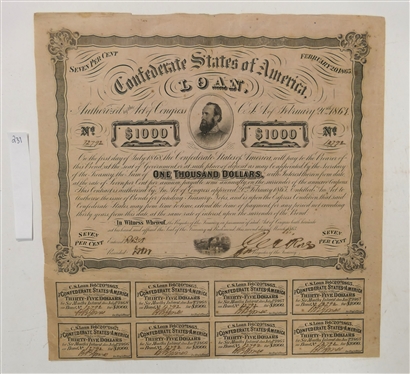 Confederate States of America Loan Authorized by Act of Congress C.S.A. February 20th, 1863 No. 12792 -$1000  Bont -  Seven Percent Interest - with 8 Uncut Interest Coupons on Bottom 