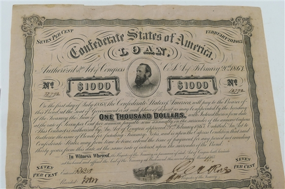 Confederate States of America Loan Authorized by Act of Congress C.S.A. February 20th, 1863 No. 12792 -$1000  Bont -  Seven Percent Interest - with 8 Uncut Interest Coupons on Bottom 