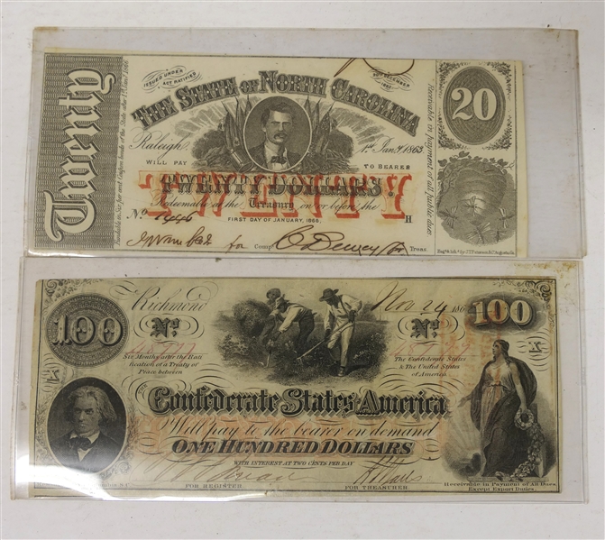 2 Confederate Notes - The State of North Carolina Twenty Dollars ($20) No. 1446 - January 1866 and Confederate States of America - Richmond, VA One Hundred Dollars ($100) - No. 48777 - Nov. 24 1862...