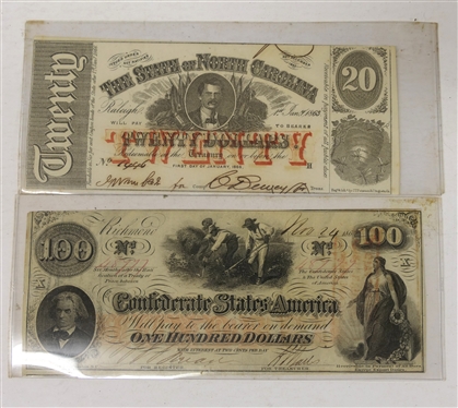 2 Confederate Notes - The State of North Carolina Twenty Dollars ($20) No. 1446 - January 1866 and Confederate States of America - Richmond, VA One Hundred Dollars ($100) - No. 48777 - Nov. 24 1862...