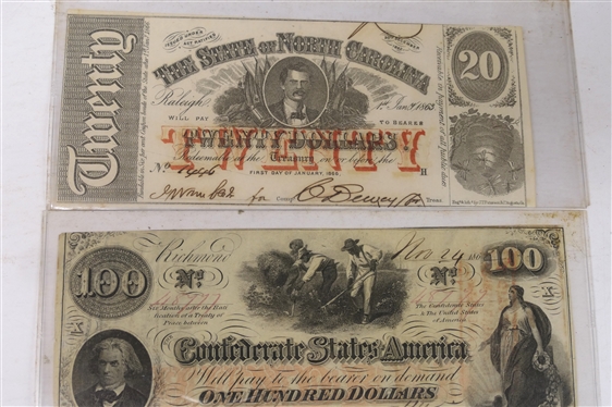 2 Confederate Notes - The State of North Carolina Twenty Dollars ($20) No. 1446 - January 1866 and Confederate States of America - Richmond, VA One Hundred Dollars ($100) - No. 48777 - Nov. 24 1862...