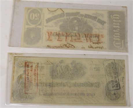 2 Confederate Notes - The State of North Carolina Twenty Dollars ($20) No. 1446 - January 1866 and Confederate States of America - Richmond, VA One Hundred Dollars ($100) - No. 48777 - Nov. 24 1862...